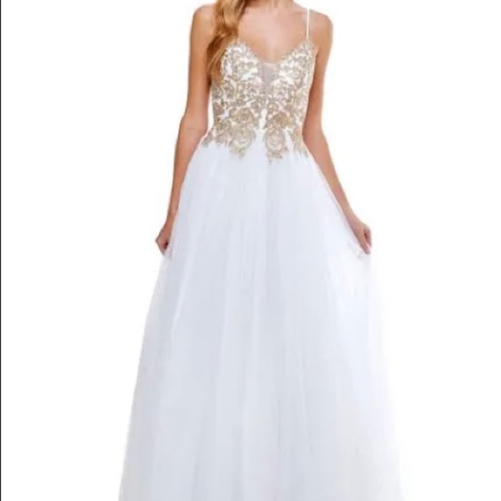 White Prom Dress W/ Gold Accents